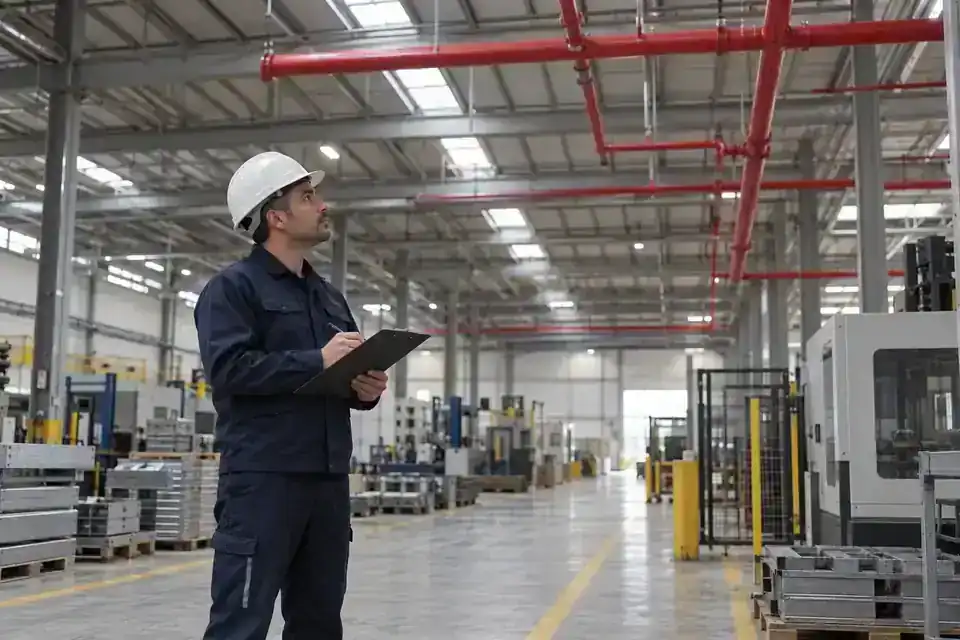Fabrika içinde yangın koruma tesisatını inceleyen mühendis